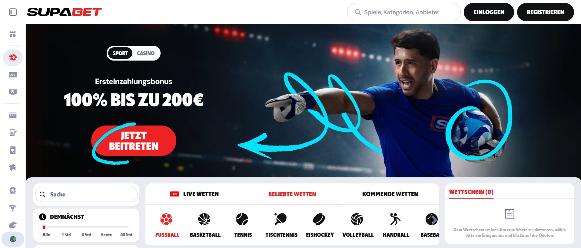 Als vielseitiger Wettanbieter ohne LUGAS überzeugt Supabet durch besonders tiefe Sportwetten-Märkte und ein gigantisches Portfolio mit mehr als 9.000 verschiedenen Casino-Titeln auf einer Plattform.