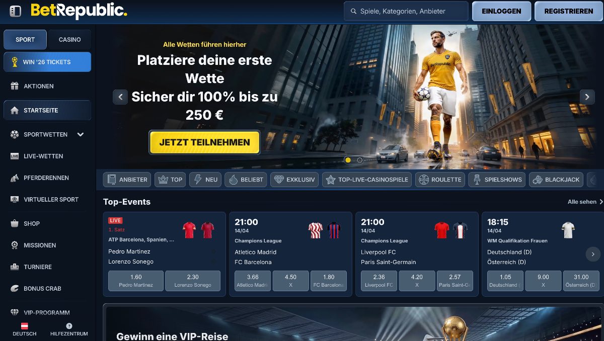 Betrepublic punktet als kundenfreundlicher Wettanbieter ohne LUGAS durch vier frei wählbare Startboni, wovon zwei Pakete speziell und exklusiv für die Bedürfnisse von Sportwetten-Liebhabern geschnürt wurden.