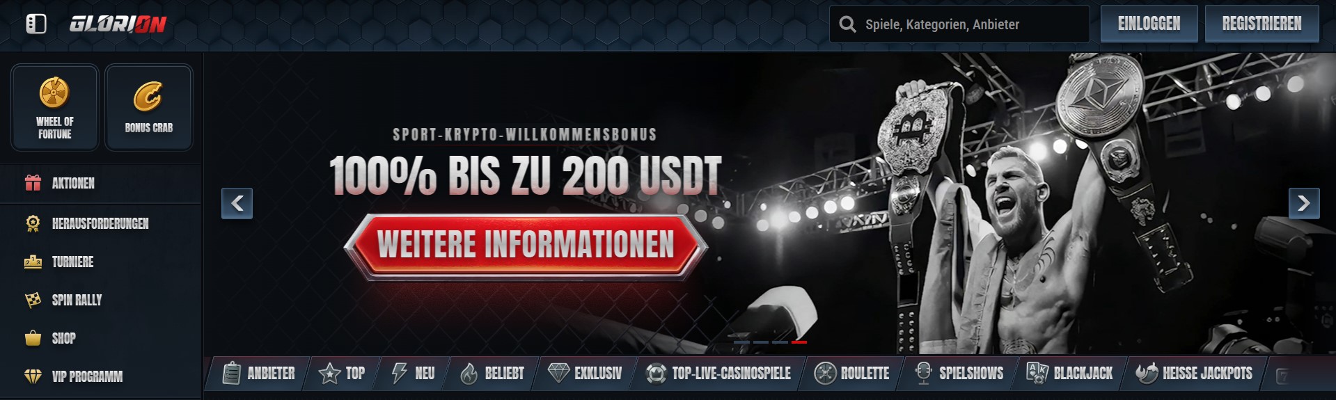 Bei Glorion erwartet dich ein echtes High-Roller-Erlebnis als Wettanbieter ohne LUGAS mit intensiver Live-Casino-Action und einem massiven 250% Willkommensbonus von bis zu 5.000 Euro.